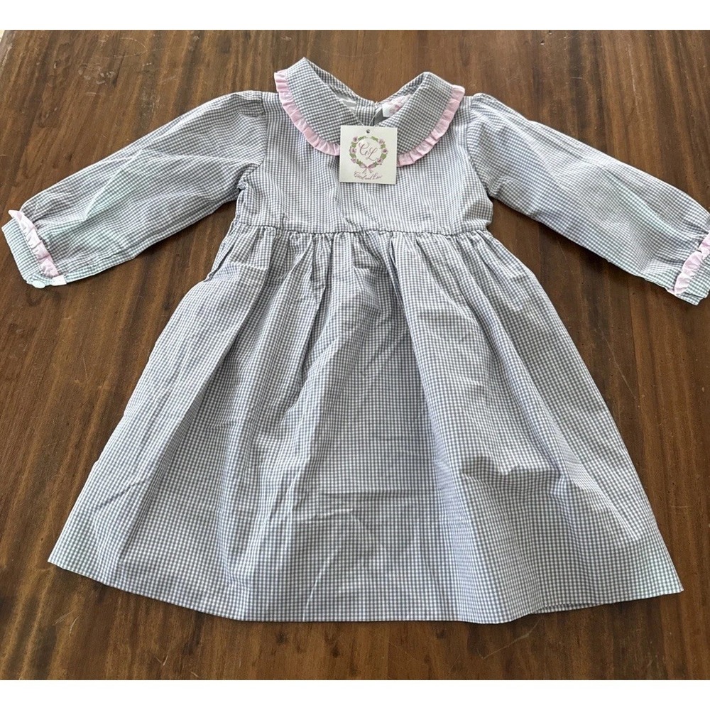 Cecil &Lou NWT 3T Grey White Check Pink Ribbon Trim Peter Pan Dress Long